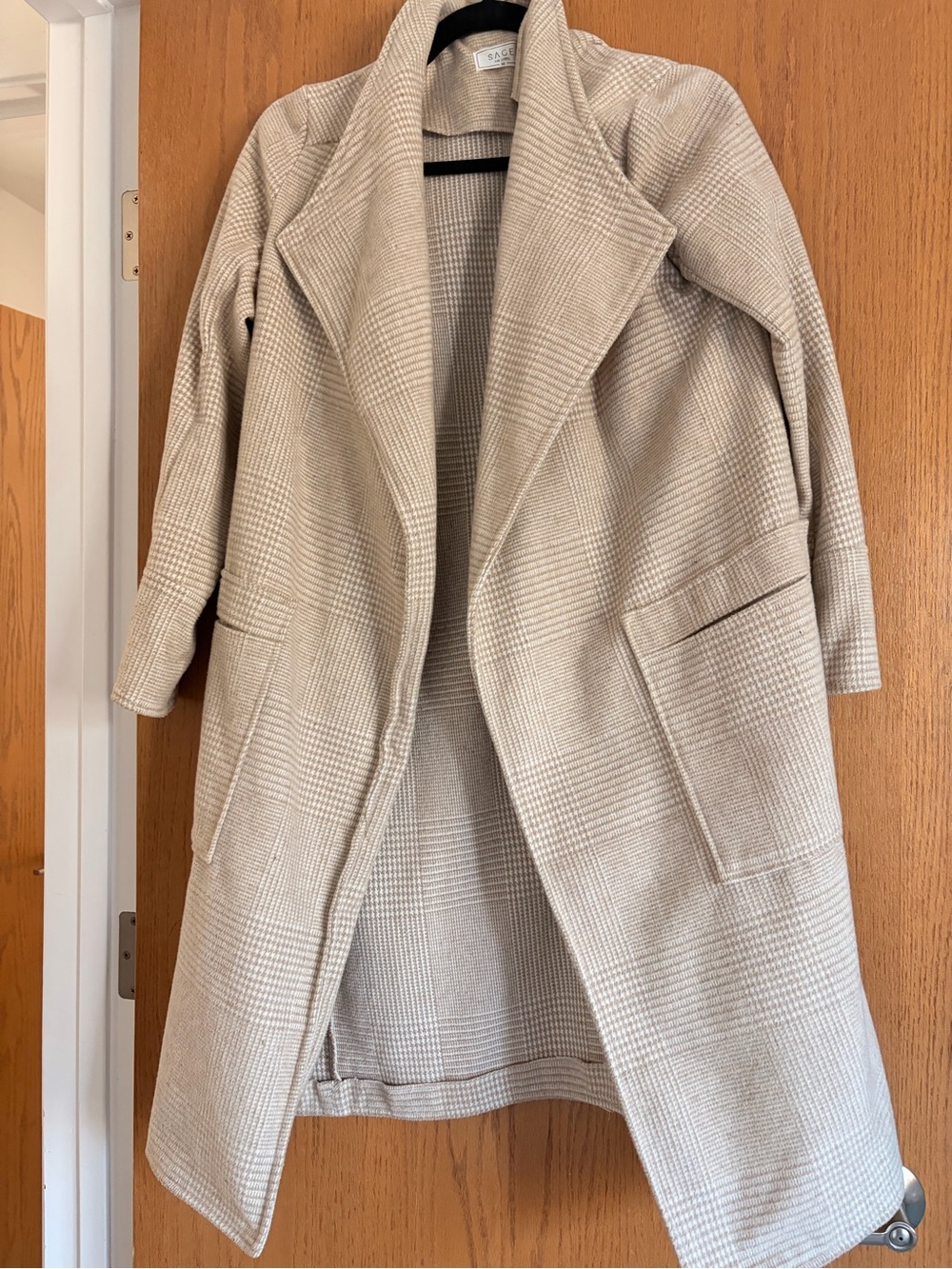 Sage Beige Plaid Long Open-Front Trench Coat